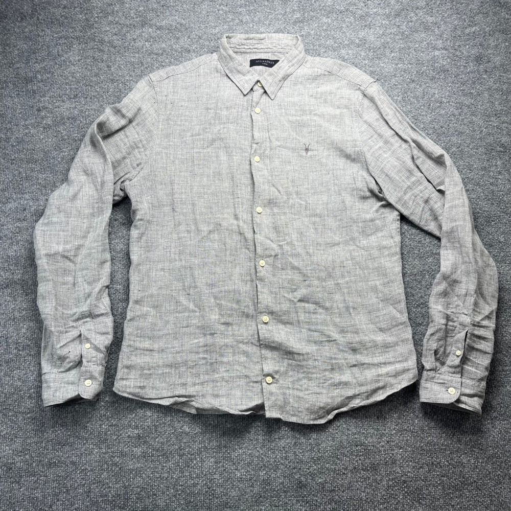AllSaints Mens Grey Linen Micro Check Ramskull Button Down Shirt Large